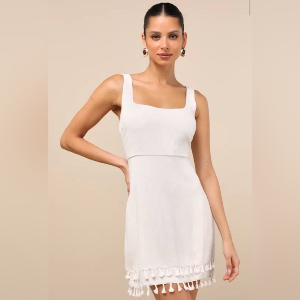 Chic Beige Cream Linen Pom Pom Women’s Midi Dress Lulu’s Boho Large